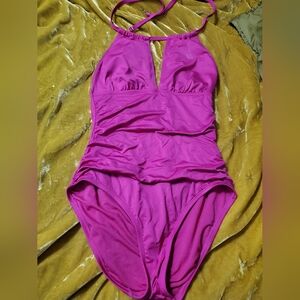 Keyhole Pink One-Piece Ruched Swimsuit Flattering Size 10 Liz Claiborne